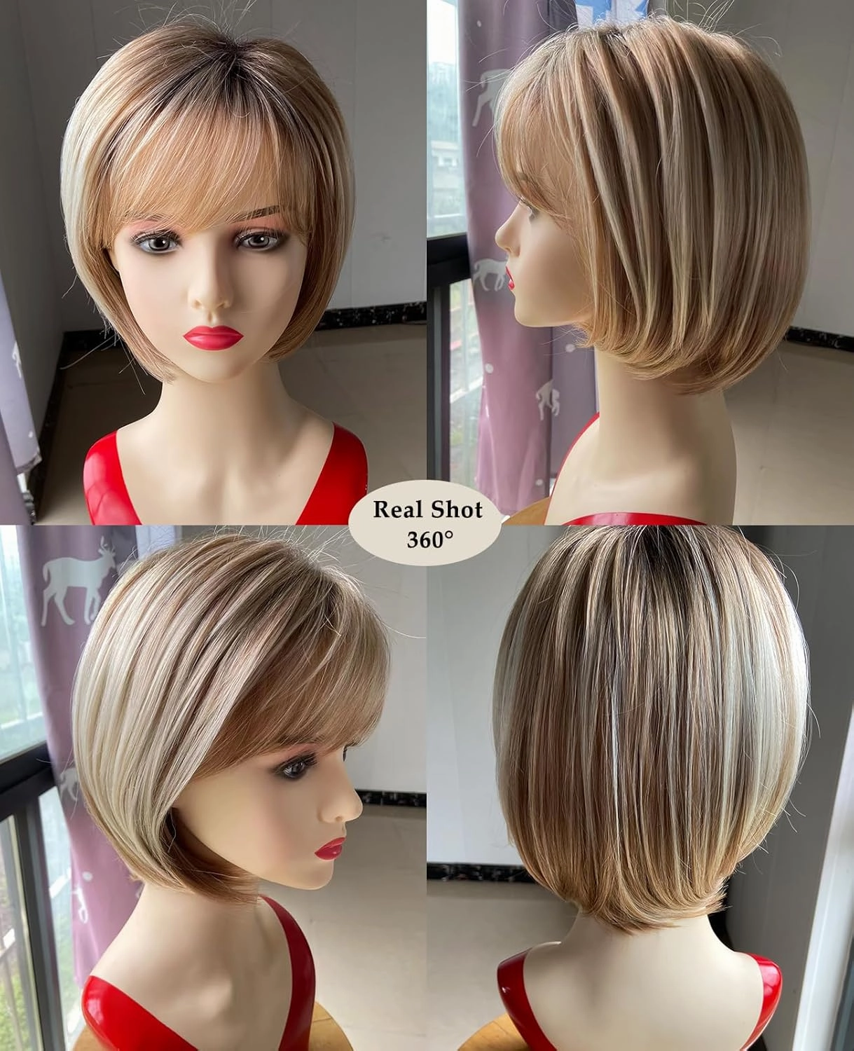 RENERSHOW Short Blonde Bob Wig with Bangs - Synthetic Chin Length Mixed Blonde Cute Short Bob Haircut