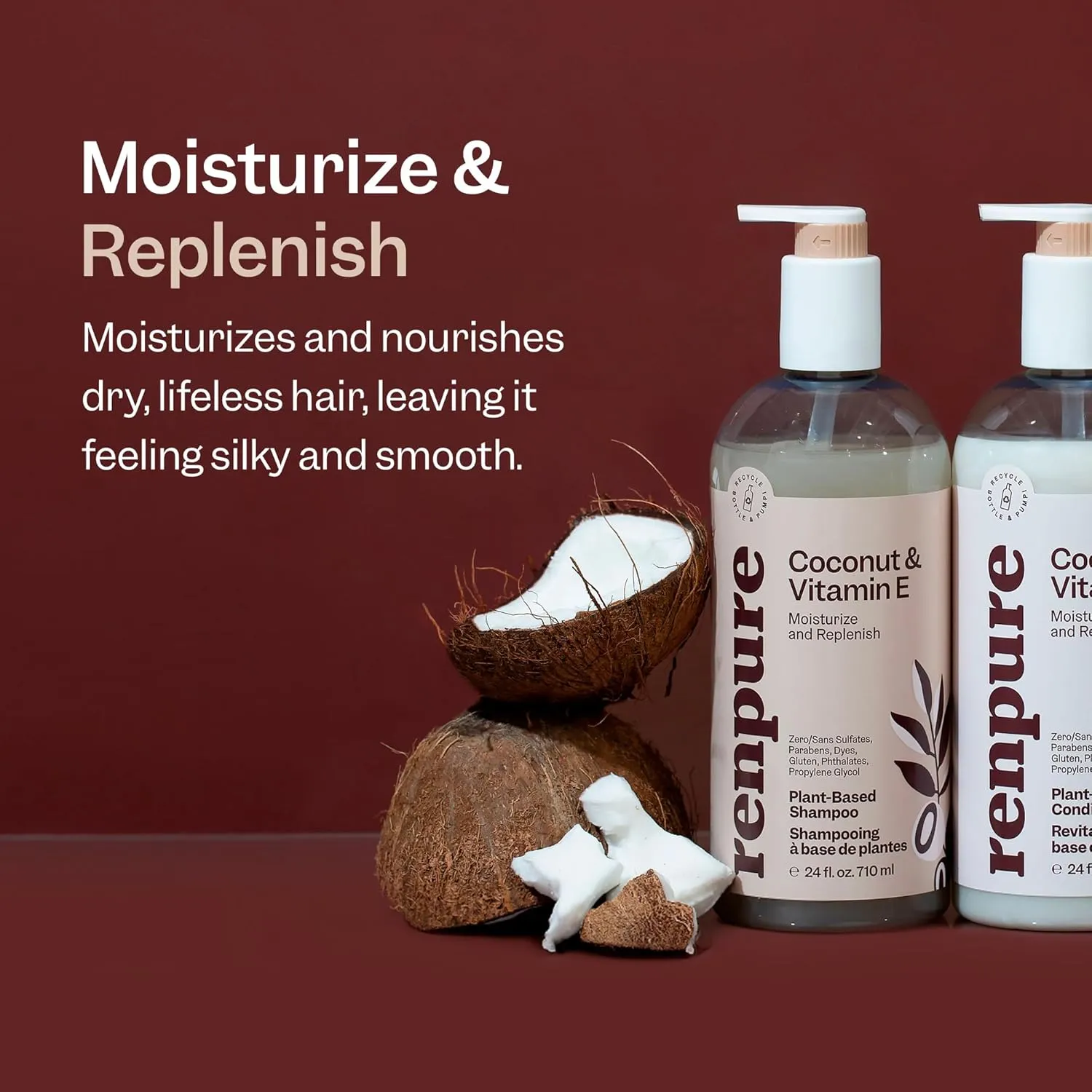 Renpure Coconut & Vitamin E Shampoo & Conditioner Set, Plant-Based – Nourishes & Seals In Moisture For Soft, Healthy Hair – For Dry, Lifeless Hair – Coconut Oil & Vitamin E - 24 Fl Oz each, 2 Pack