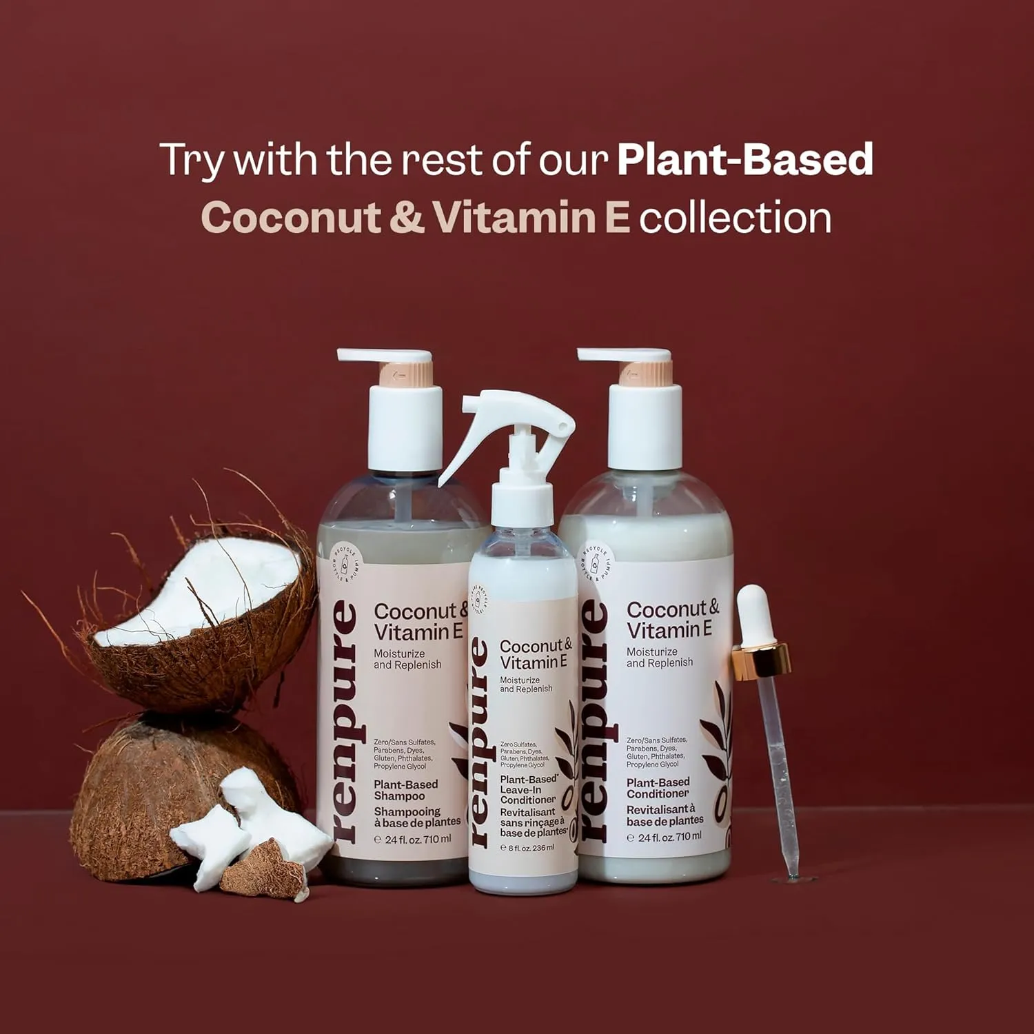 Renpure Coconut & Vitamin E Shampoo & Conditioner Set, Plant-Based – Nourishes & Seals In Moisture For Soft, Healthy Hair – For Dry, Lifeless Hair – Coconut Oil & Vitamin E - 24 Fl Oz each, 2 Pack
