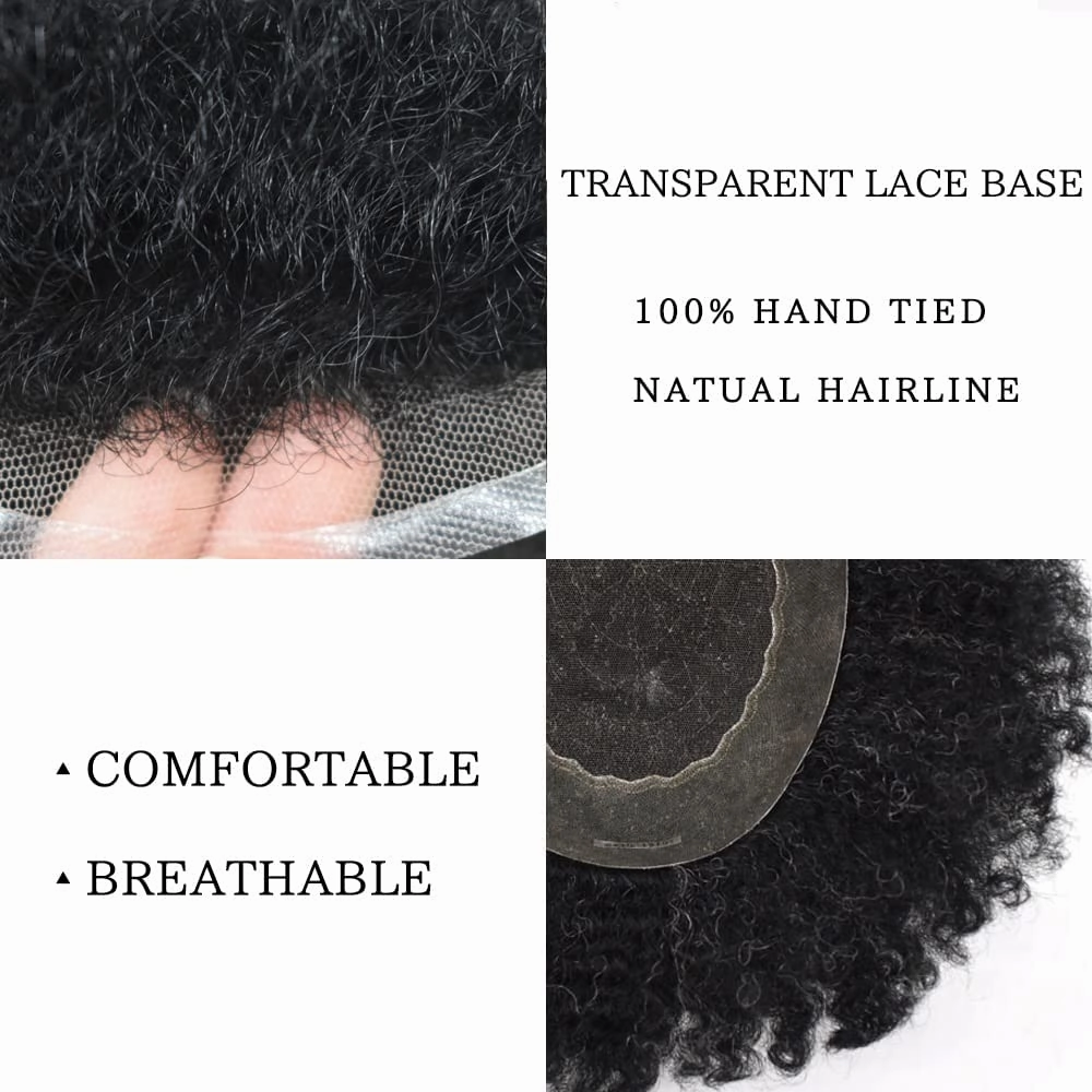RESHE Afro Hair Unit for Black Men Afro Toupee Hair System for Black Men Brazilian Real Human Hair Toupee Transparent HD Lace Afro Hair Piece 8X10 6MM #1B20#1B OFF BLACK 20% GREY