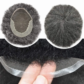 RESHE Afro Hair Unit for Black Men Afro Toupee Hair System for Black Men Brazilian Real Human Hair Toupee Transparent HD Lace Afro Hair Piece 8X10 6MM #1B40#1B OFF BLACK 40% GREY