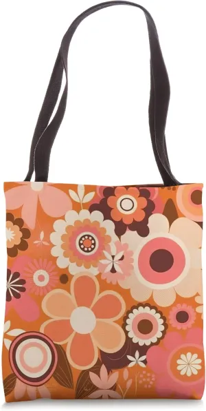 Retro Flowers Meadow Floral Groovy 70s Peach Orange Pink Tote Bag