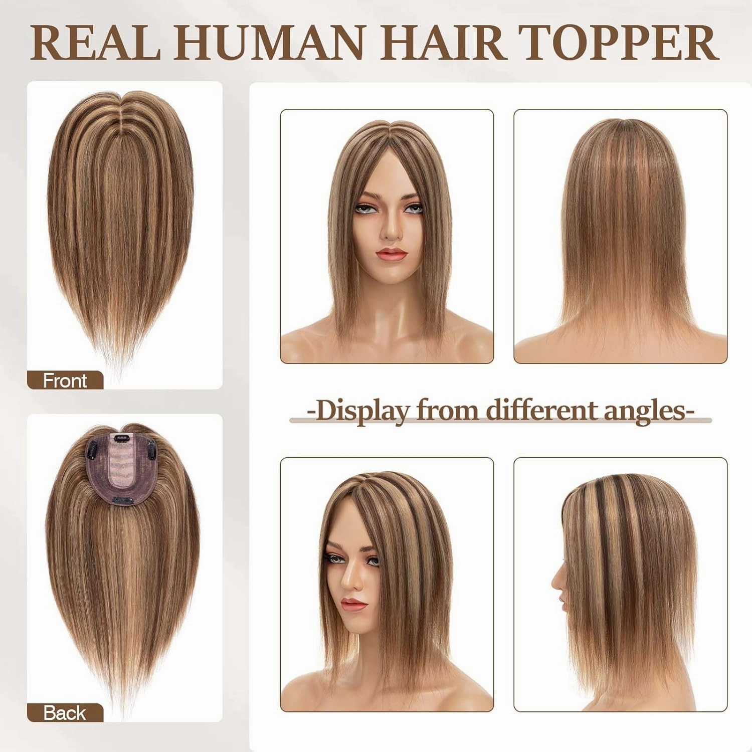 Rich Choices 100% Remy Human Hair Topper for Women Silk Base Top Hairpiece for Women Clip in Topper Hand-made Top Toppee with Thinning Hair 14 Inch Medium Brown&Dark Blonde