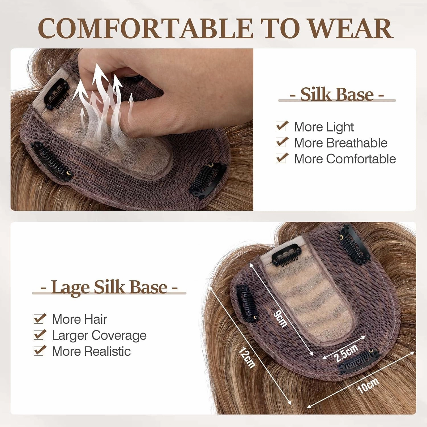 Rich Choices 100% Remy Human Hair Topper for Women Silk Base Top Hairpiece for Women Clip in Topper Hand-made Top Toppee with Thinning Hair 14 Inch Medium Brown&Dark Blonde