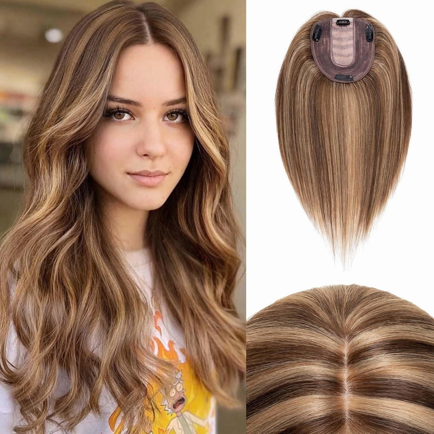 Rich Choices 100% Remy Human Hair Topper for Women Silk Base Top Hairpiece for Women Clip in Topper Hand-made Top Toppee with Thinning Hair 14 Inch Medium Brown&Dark Blonde