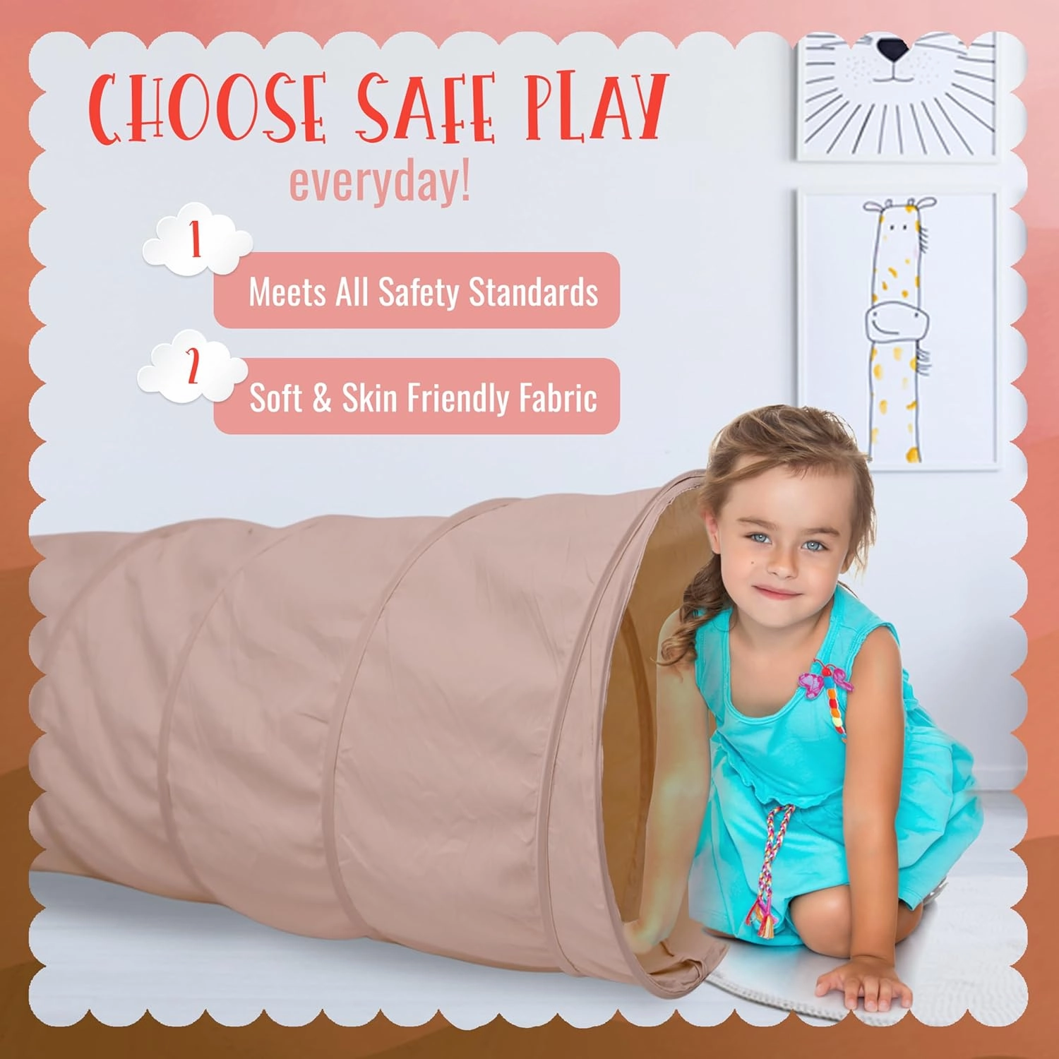 River & Aria Co Baby Play Tunnel - 6ft Indoor & Outdoor Pop Up Play Tunnel for Toddlers 2-6 - Interactive Hide-and-Seek Crawling Tunnels for Children (Peach Tunnel)
