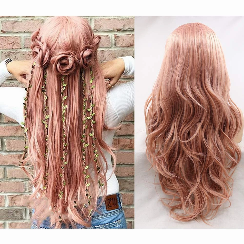 Rose Gold Lace Front Wigs for Women Narural Hairline Synthetic Long Wavy Lace Wigs Middle Part Colorful Glueless Real Hair Wig Heat Resistant Fiber Drag Cosplay Daily Wig 24inches