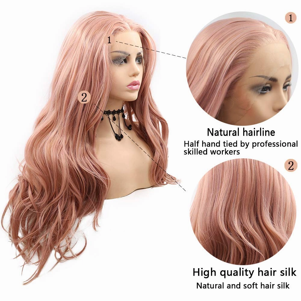 Rose Gold Lace Front Wigs for Women Narural Hairline Synthetic Long Wavy Lace Wigs Middle Part Colorful Glueless Real Hair Wig Heat Resistant Fiber Drag Cosplay Daily Wig 24inches