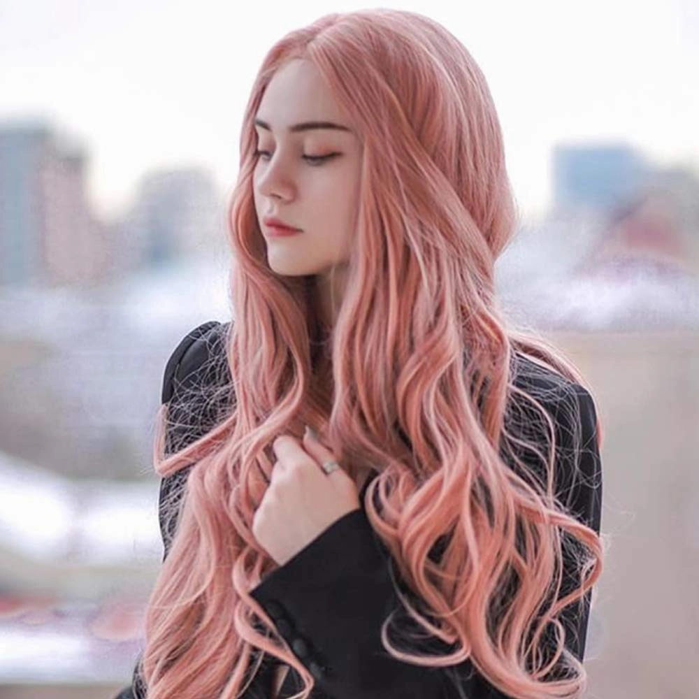 Rose Gold Lace Front Wigs for Women Narural Hairline Synthetic Long Wavy Lace Wigs Middle Part Colorful Glueless Real Hair Wig Heat Resistant Fiber Drag Cosplay Daily Wig 24inches