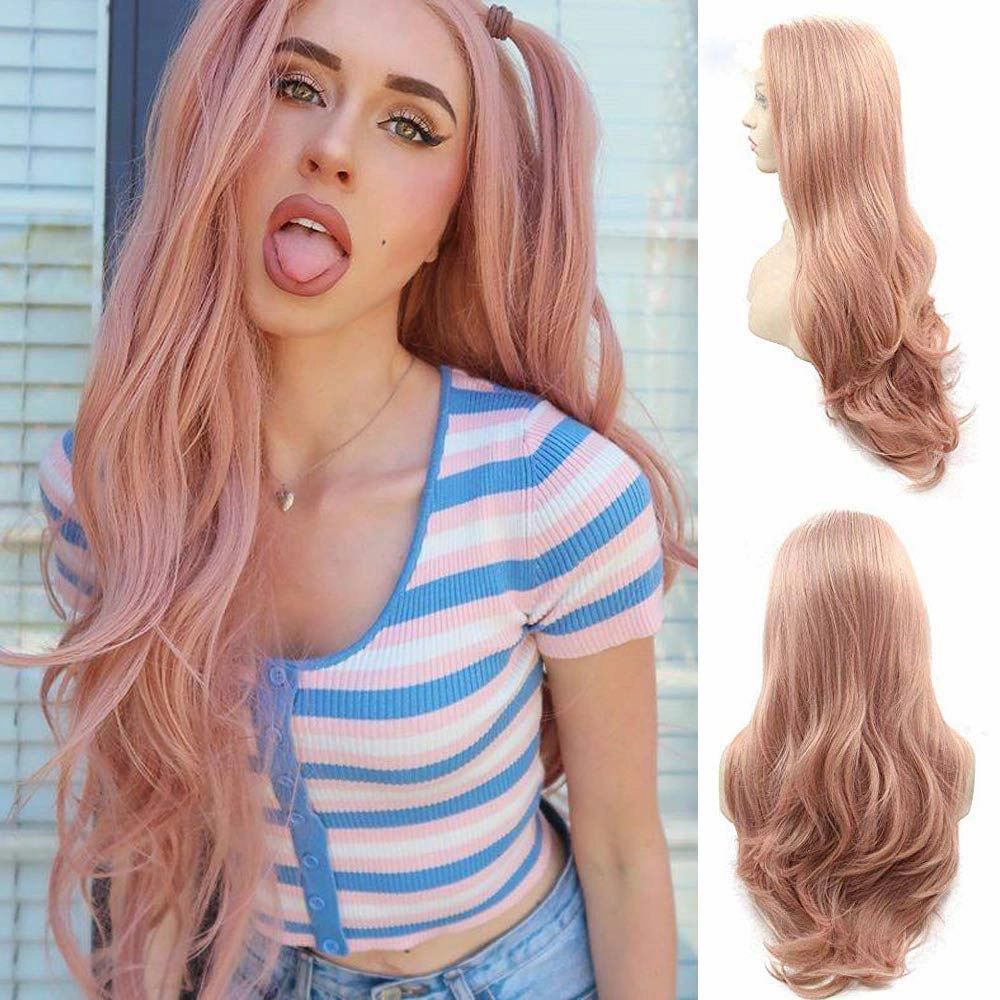 Rose Gold Lace Front Wigs for Women Narural Hairline Synthetic Long Wavy Lace Wigs Middle Part Colorful Glueless Real Hair Wig Heat Resistant Fiber Drag Cosplay Daily Wig 24inches