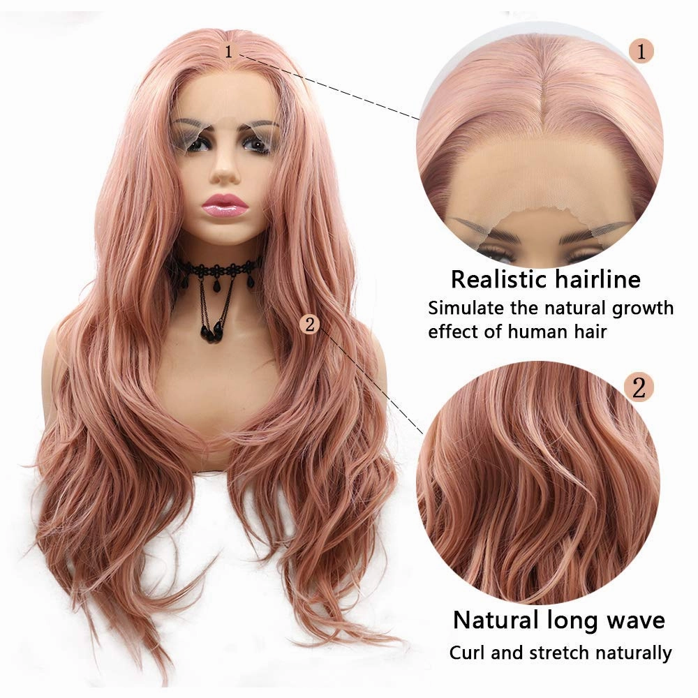 Rose Gold Lace Front Wigs for Women Narural Hairline Synthetic Long Wavy Lace Wigs Middle Part Colorful Glueless Real Hair Wig Heat Resistant Fiber Drag Cosplay Daily Wig 24inches
