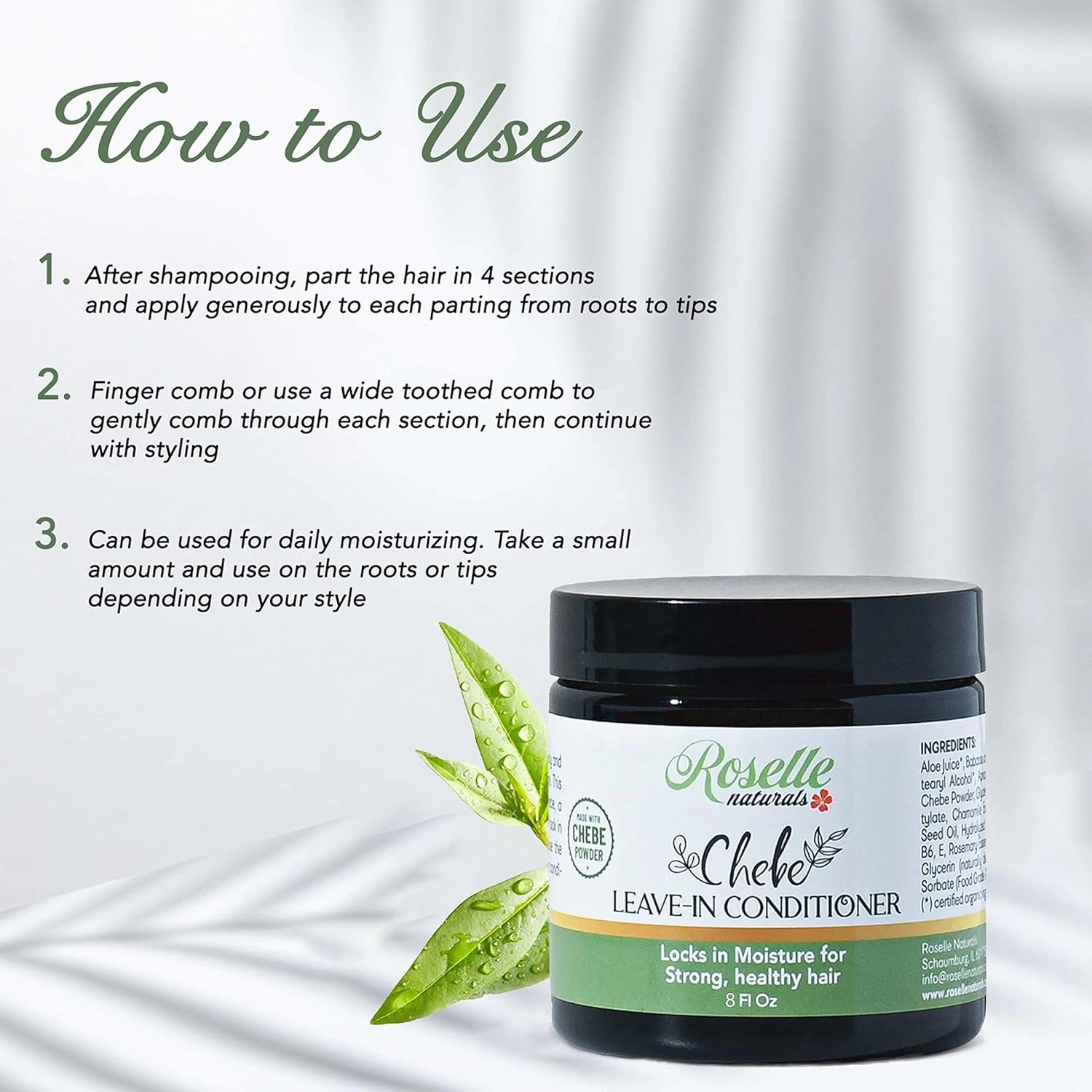 Roselle Naturals Chebe Hair Leave In Conditioner Cream 8 Oz, Made with African Chebe Powder, Chebe Oil & Rosemary Essential Oil, Moisturizing Hair Treatment for Hair Growth.