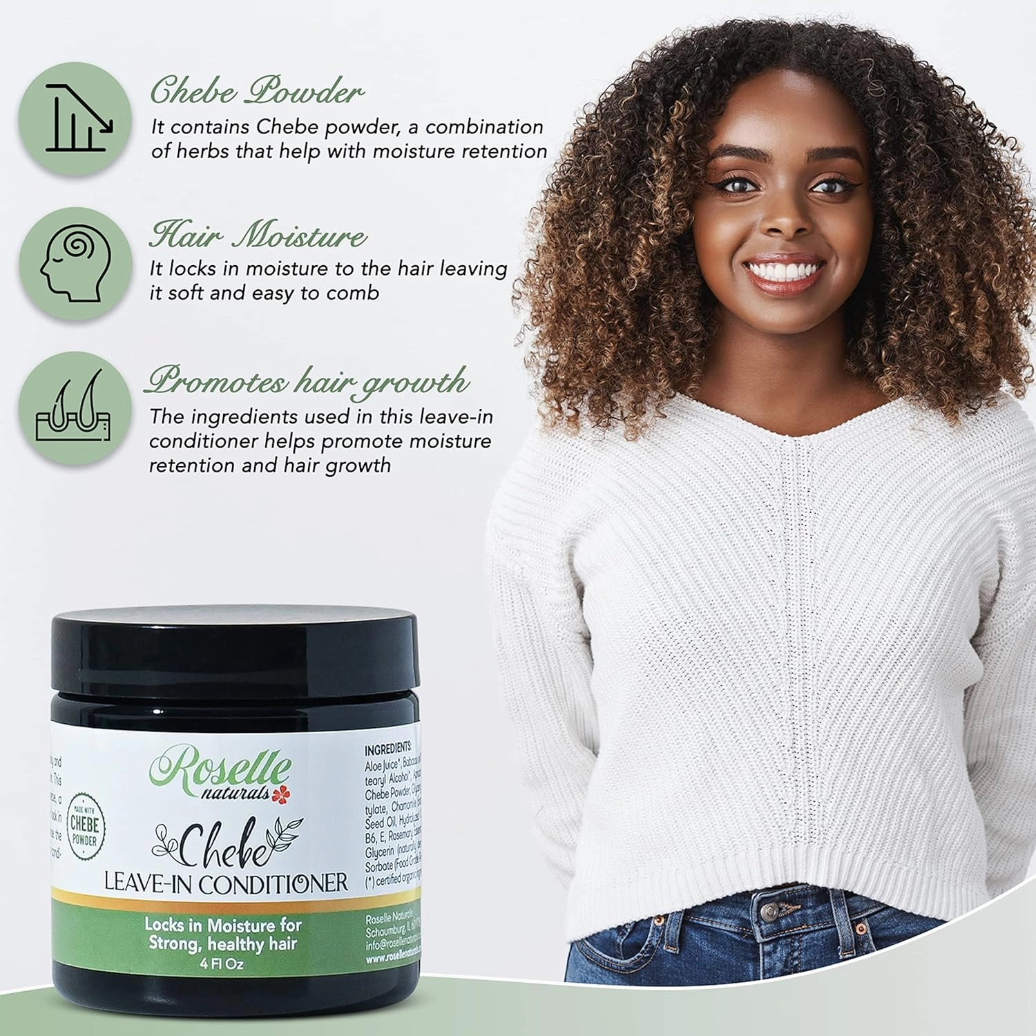 Roselle Naturals Chebe Hair Leave In Conditioner Cream 8 Oz, Made with African Chebe Powder, Chebe Oil & Rosemary Essential Oil, Moisturizing Hair Treatment for Hair Growth.