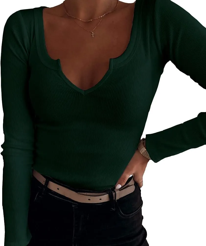 Roselux Women V Neck Ribbed Long Sleeve Shirt Fitted Basic Slim Knit Top