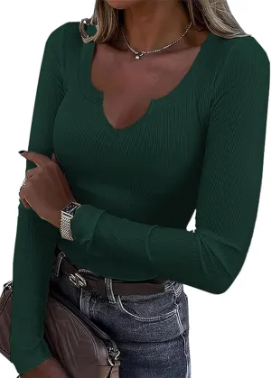 Roselux Women V Neck Ribbed Long Sleeve Shirt Fitted Basic Slim Knit Top