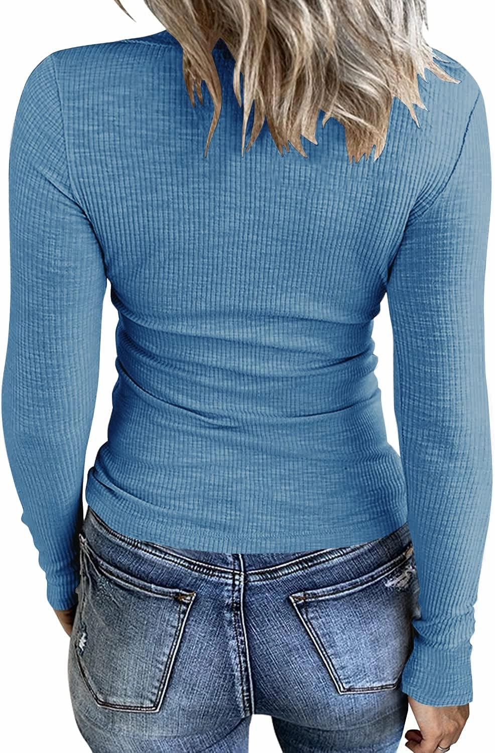Roselux Women Long Sleeve Scoop Neck Ribbed Fitted Knit Shirt Basic T-Shirts