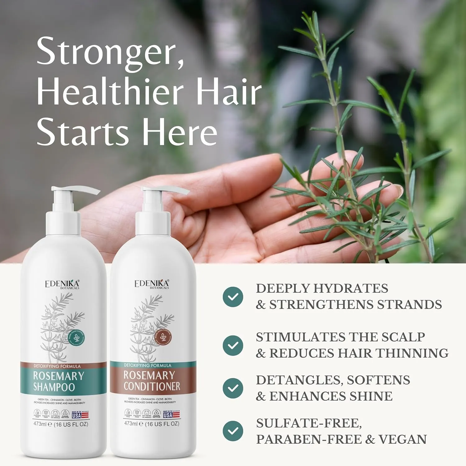 Rosemary Oil Shampoo & Conditioner with Biotin for Thinning Hair & Anti-Hair Loss, Strengthening Botanical Formula, Itchy Scalp Relief, Sulfate-Free, Adds Volume, 16 fl oz Each