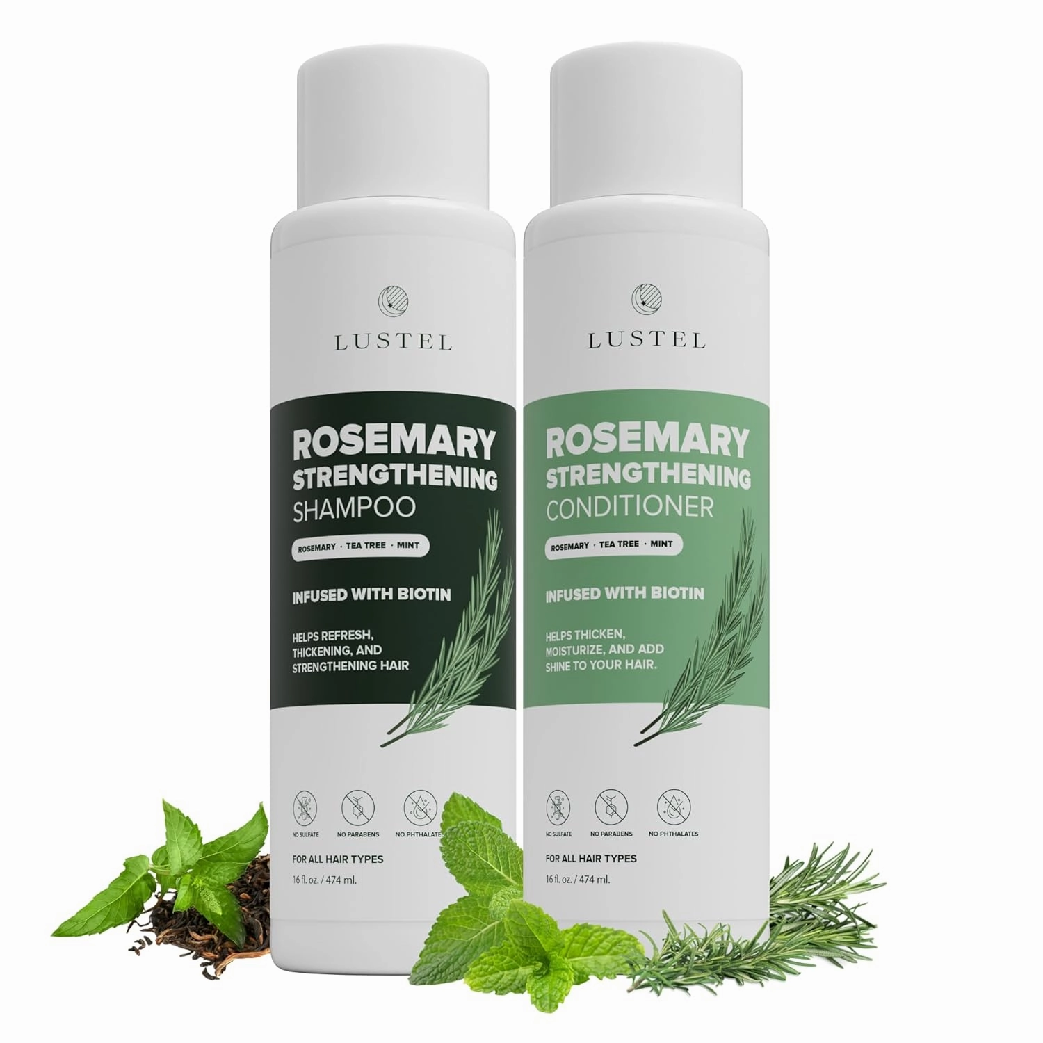 Rosemary Strengthening Sulfate Free Shampoo & Conditioner Set for Thinning Hair - Biotin Shampoo with Tea Tree & Mint. Rosemary Essential Oil for Delicate, Dry & Fine Hair - 16 Fl Oz Each (2-Pack)