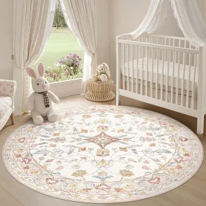 Round Rug 5x5 for Kids & Girls - Nursery Washable Vintage Soft Floral Pink Area Rugs - Ultra Thin Resistant Non Slip Carpets for Kids Playroom, Living Room, Dorm, Bedroom, Dining Room, Office - Pink