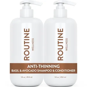 Routine Wellness Anti-Thinning Shampoo and Conditioner Set for Thinning Hair - Biotin DHT Blocker Women & Men - Color Safe Shampoo for Hair Loss & Healthier Hair - Basil & Avocado (Pack of 2)