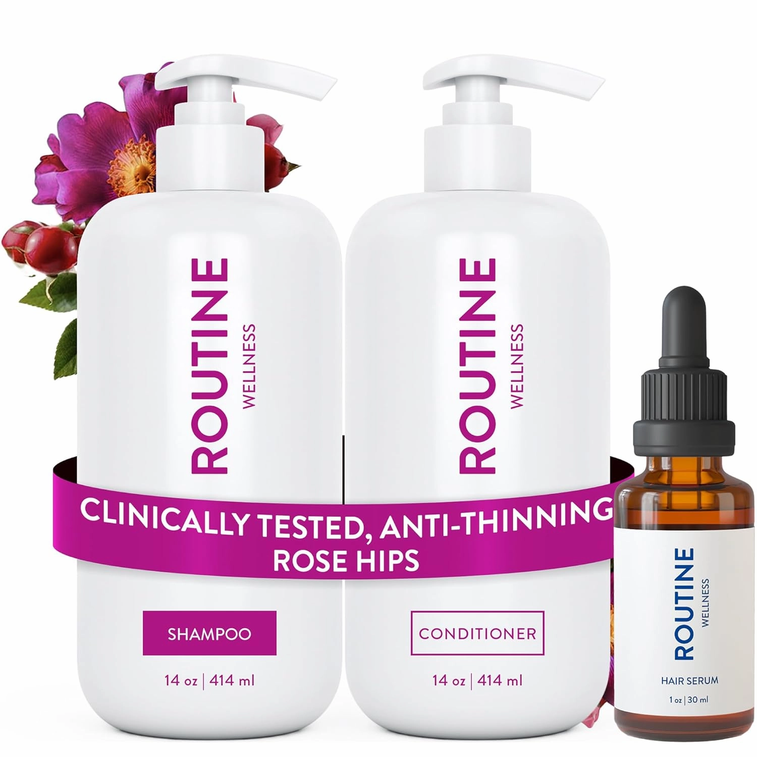 Routine Wellness Rose Hips Shampoo and Conditioner Set and 2 Hair Serums for Stronger Hair
