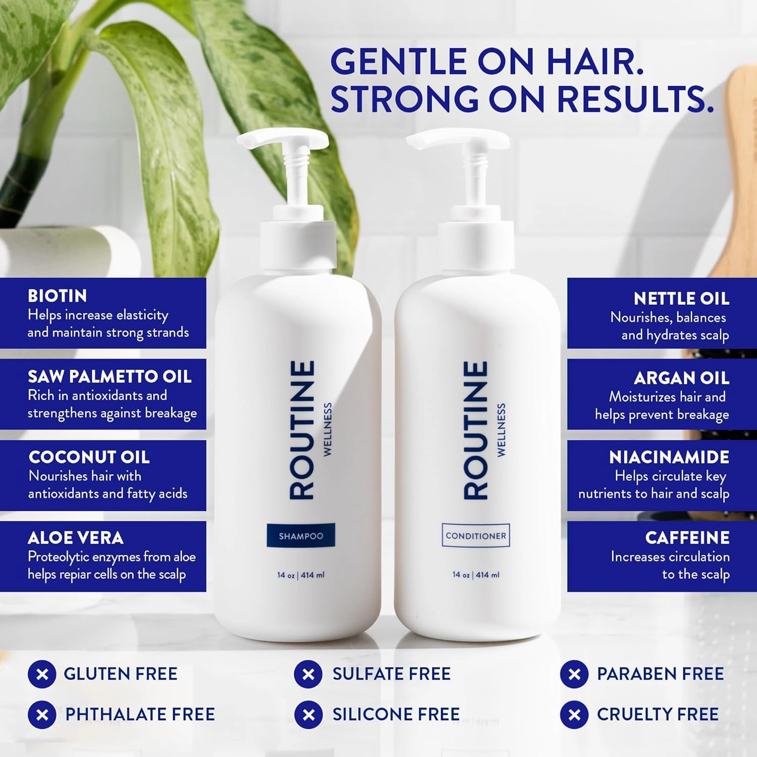 Routine Wellness Shampoo and Conditioner Set and Hair Serum for Thinning Hair - DHT Blocker Women & Men - Color Safe Shampoo for Hair Loss & Healthier Hair - Rose Hips Set   Serum