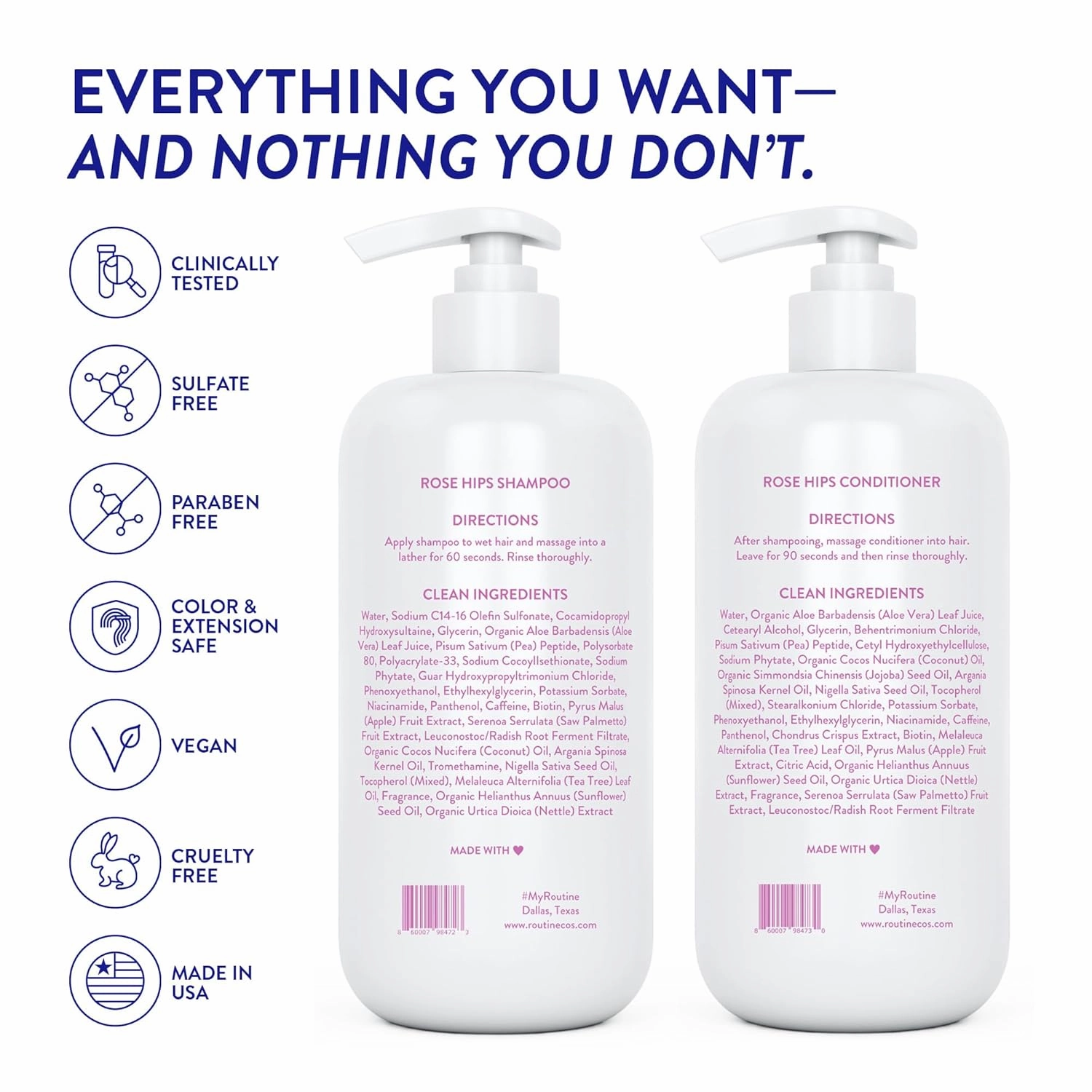 Routine Wellness Shampoo and Conditioner Set and Hair Serum for Thinning Hair - DHT Blocker Women & Men - Color Safe Shampoo for Hair Loss & Healthier Hair - Rose Hips Set   Serum