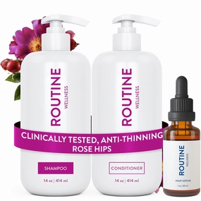 Routine Wellness Shampoo and Conditioner Set and Hair Serum for Thinning Hair - DHT Blocker Women & Men - Color Safe Shampoo for Hair Loss & Healthier Hair - Rose Hips Set   Serum