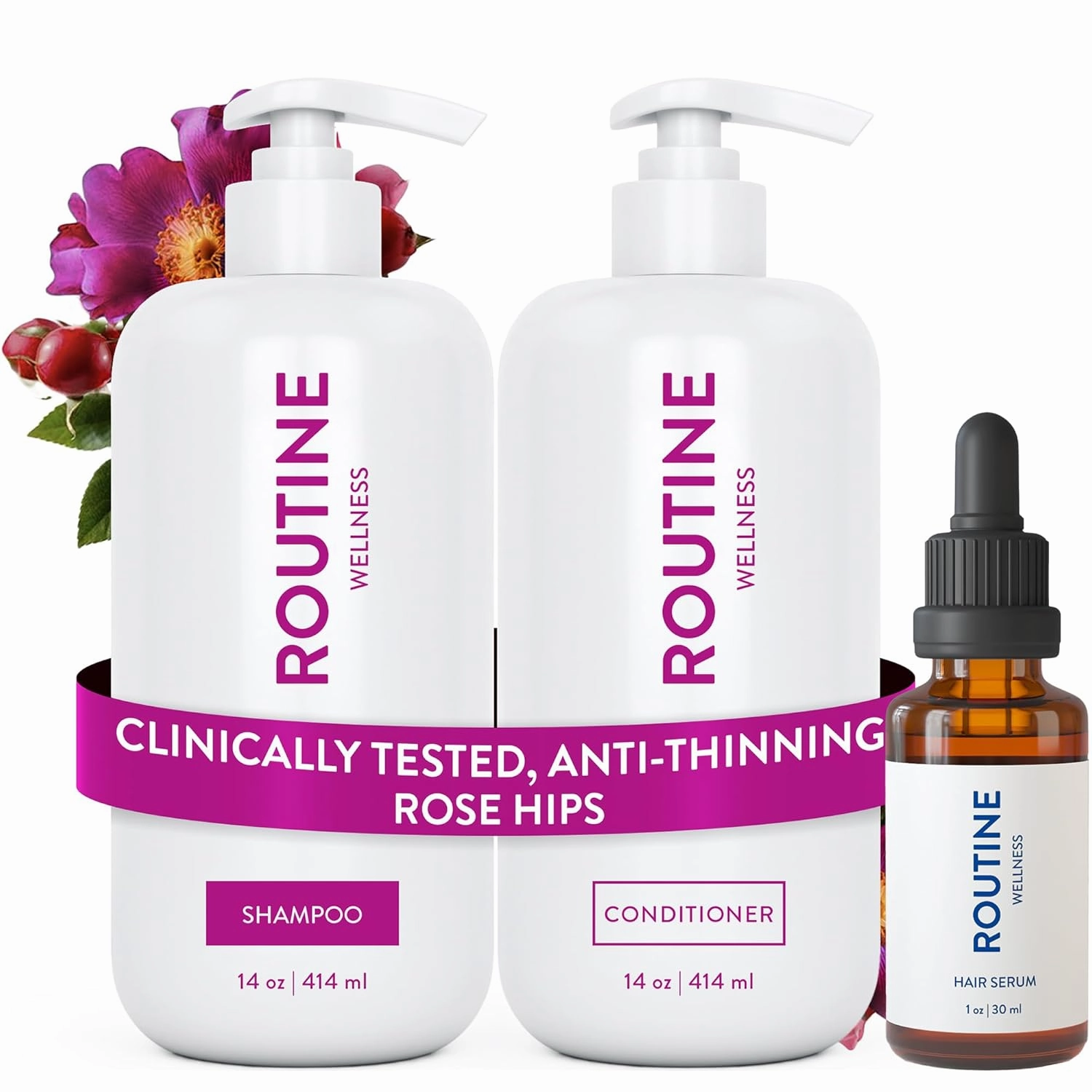 Routine Wellness Shampoo and Conditioner Set and Hair Serum for Thinning Hair - DHT Blocker Women & Men - Color Safe Shampoo for Hair Loss & Healthier Hair - Rose Hips Set   Serum