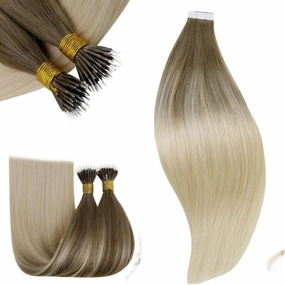 RUNATURE Bundles Balayage Brown to Blonde Tape in Hair Extensions Human Hair 16 Inch Straight Nano Tip Hair Extensions 18 Inch
