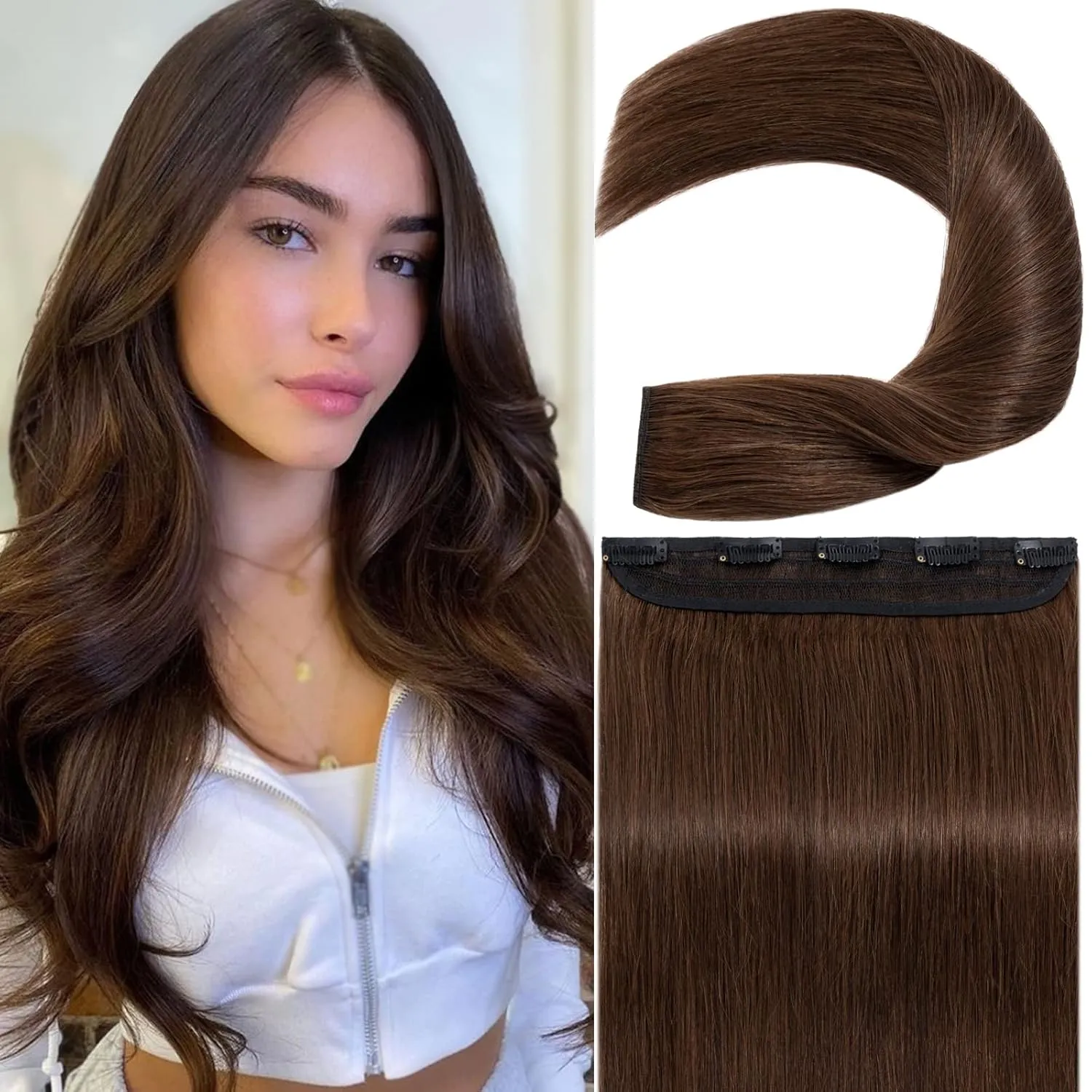 S-noilite One Piece Clip in Hair Extensions Human Hair Clip in Human Hair One Piece/5 Clips/3/4 Full Head Standard Weft Extensions Straight 16"-45g (#04 Medium Brown)