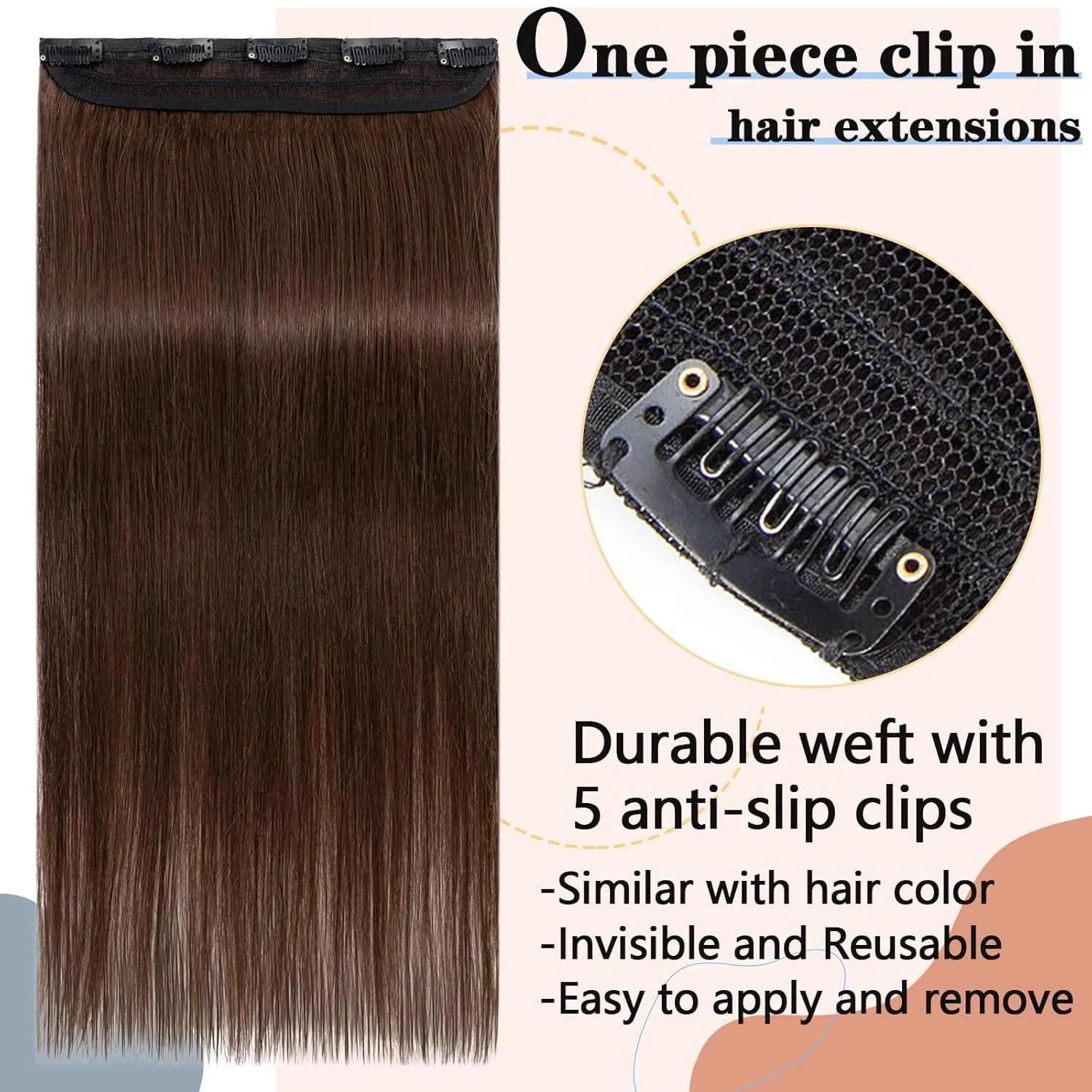S-noilite One Piece Clip in Hair Extensions Human Hair Clip in Human Hair One Piece/5 Clips/3/4 Full Head Standard Weft Extensions Straight 16"-45g (#04 Medium Brown)