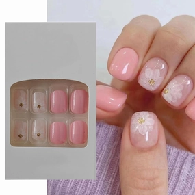 S.A.V.I 24 PCs Reusable Press-on Fake Nails - Short Natural Shape Peach and Flower Print - DIY Manicure Kit for Quick &amp; Easy Nail Art - Long-lasting &amp; Durable - for Home &amp; Salon Use