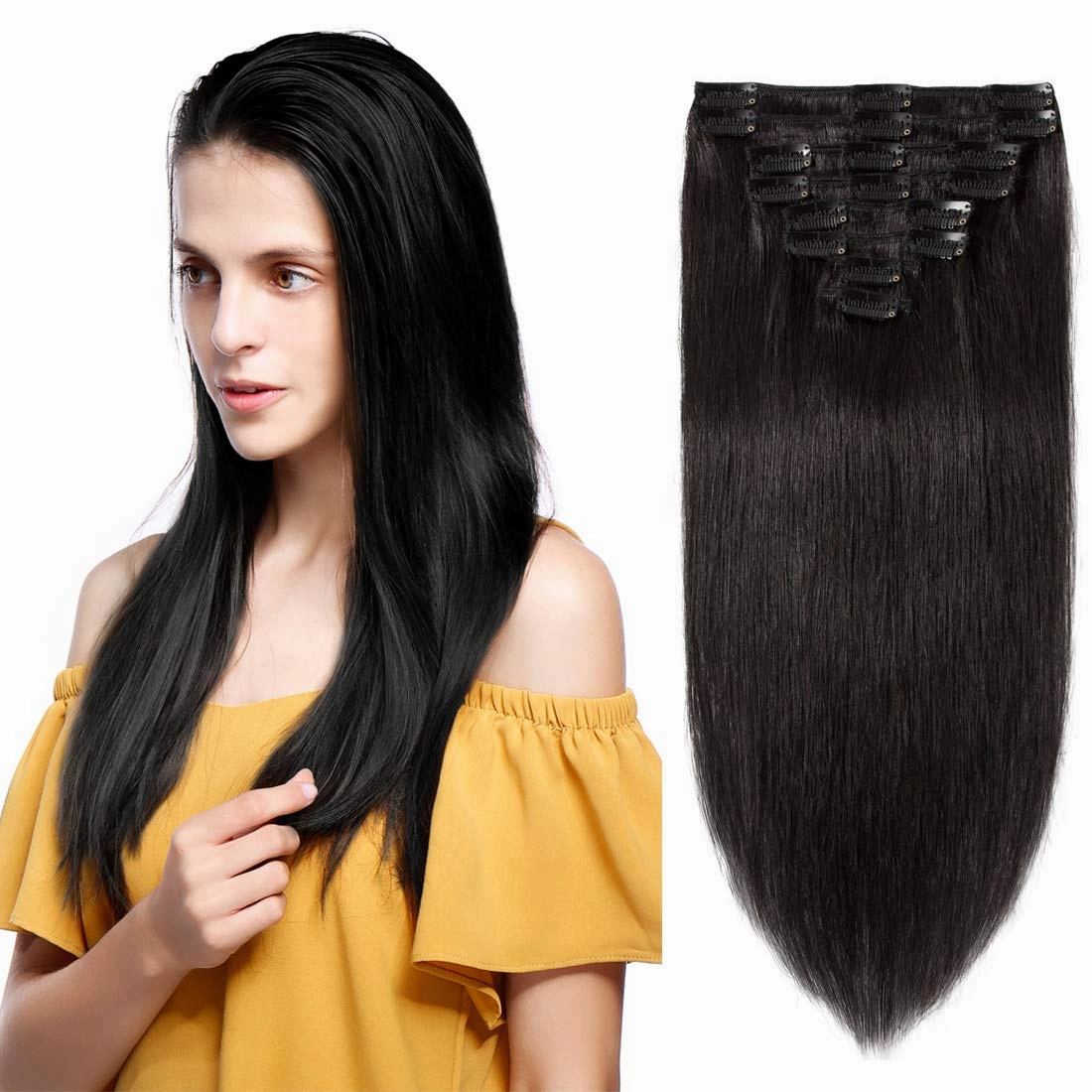 S-noilite Clip in Hair Extensions Human Hair Double Drawn Clip on Real Human Hair Extensions Thick to End 8 Pieces/18 Clips 16 Inch-90g (#01 Jet Black)
