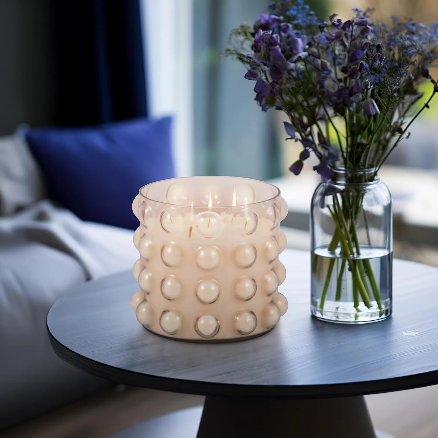 Sagebrook Home Glass Bubble Candle Holder with Peony & Blush Suede Scented Wax - Boho Decorative Home Accent for Living Room, Bedroom & Office - 7" Pink