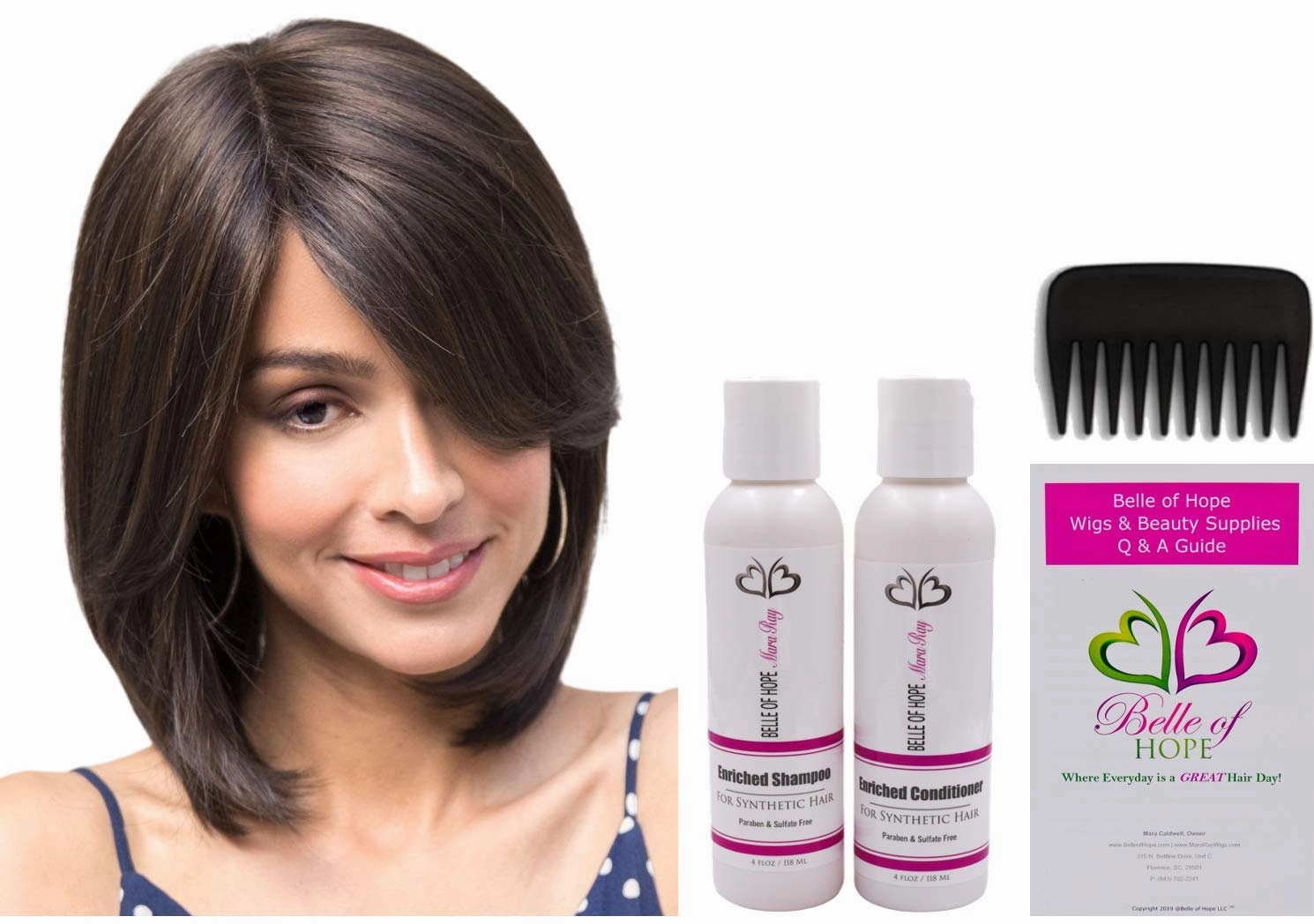 SAMANTHA Double Mono Synthetic Wig by Amore, 5PC Bundle: Wig, 4oz Mara Ray Enriched Shampoo, Conditioner, Wide Tooth Comb, and 19 Page Belle of Hope Guide (Dark Chocolate)