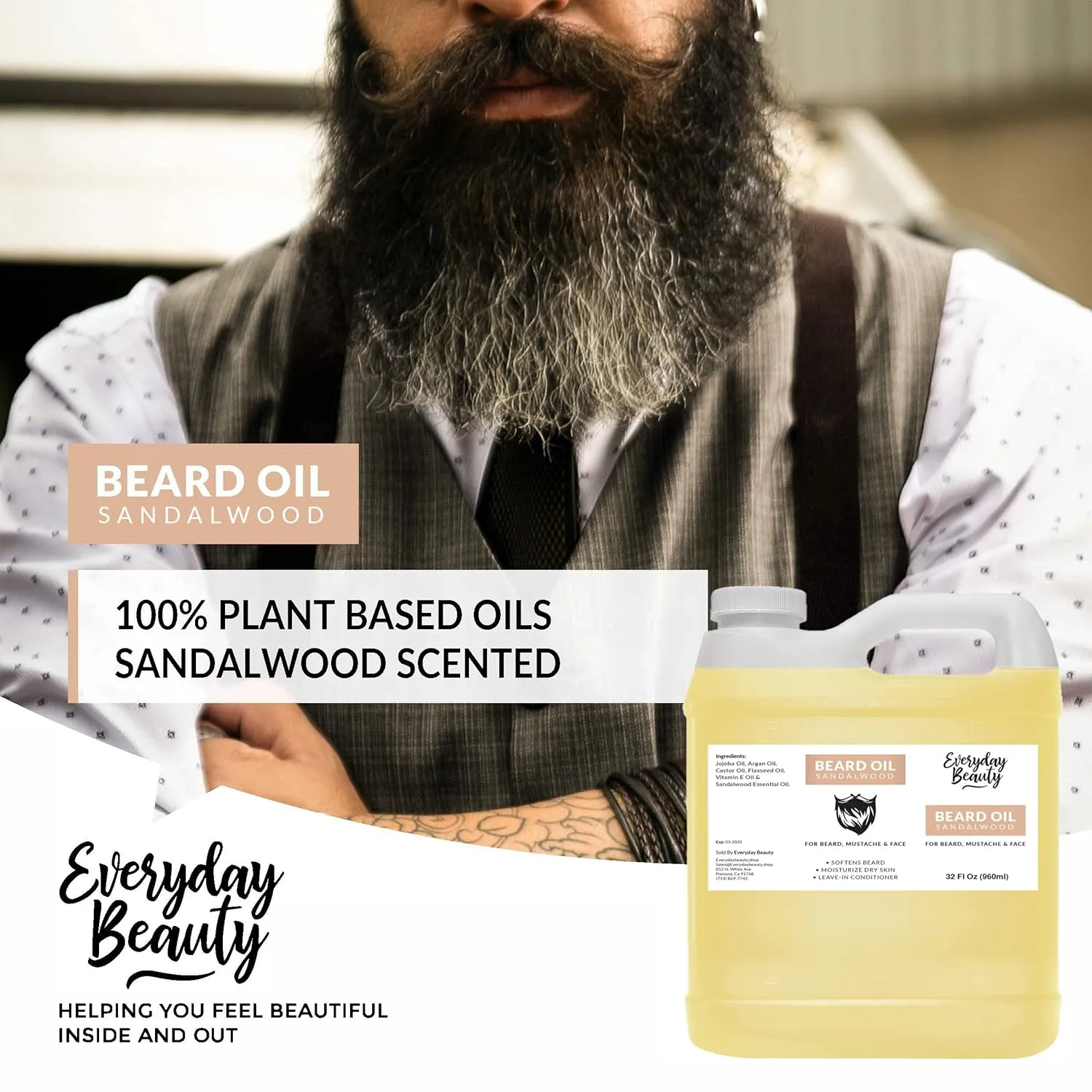 Sandalwood Beard Oil - 32 Fl Oz Bulk - 100% All Natural Leave-In Beard Conditioner - Moisturize & Hydrate Beard, Mustache and Face