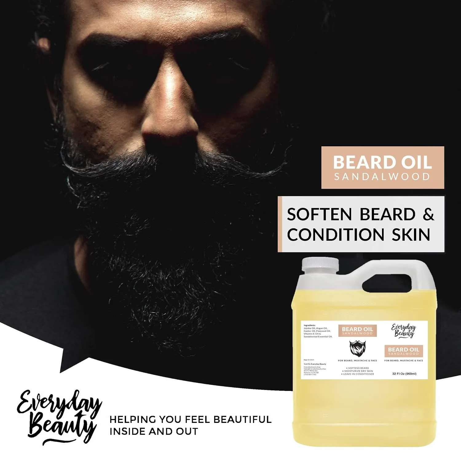 Sandalwood Beard Oil - 32 Fl Oz Bulk - 100% All Natural Leave-In Beard Conditioner - Moisturize & Hydrate Beard, Mustache and Face