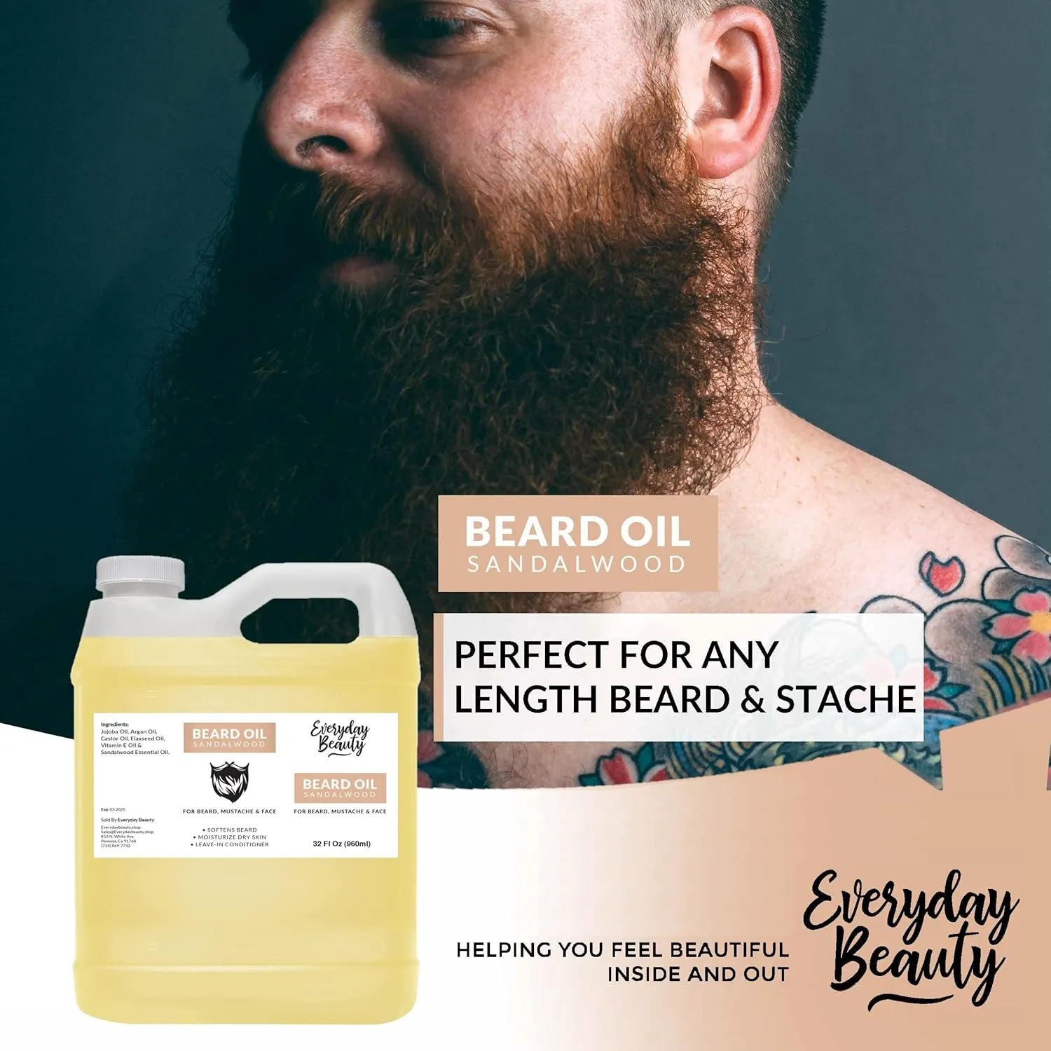 Sandalwood Beard Oil - 32 Fl Oz Bulk - 100% All Natural Leave-In Beard Conditioner - Moisturize & Hydrate Beard, Mustache and Face