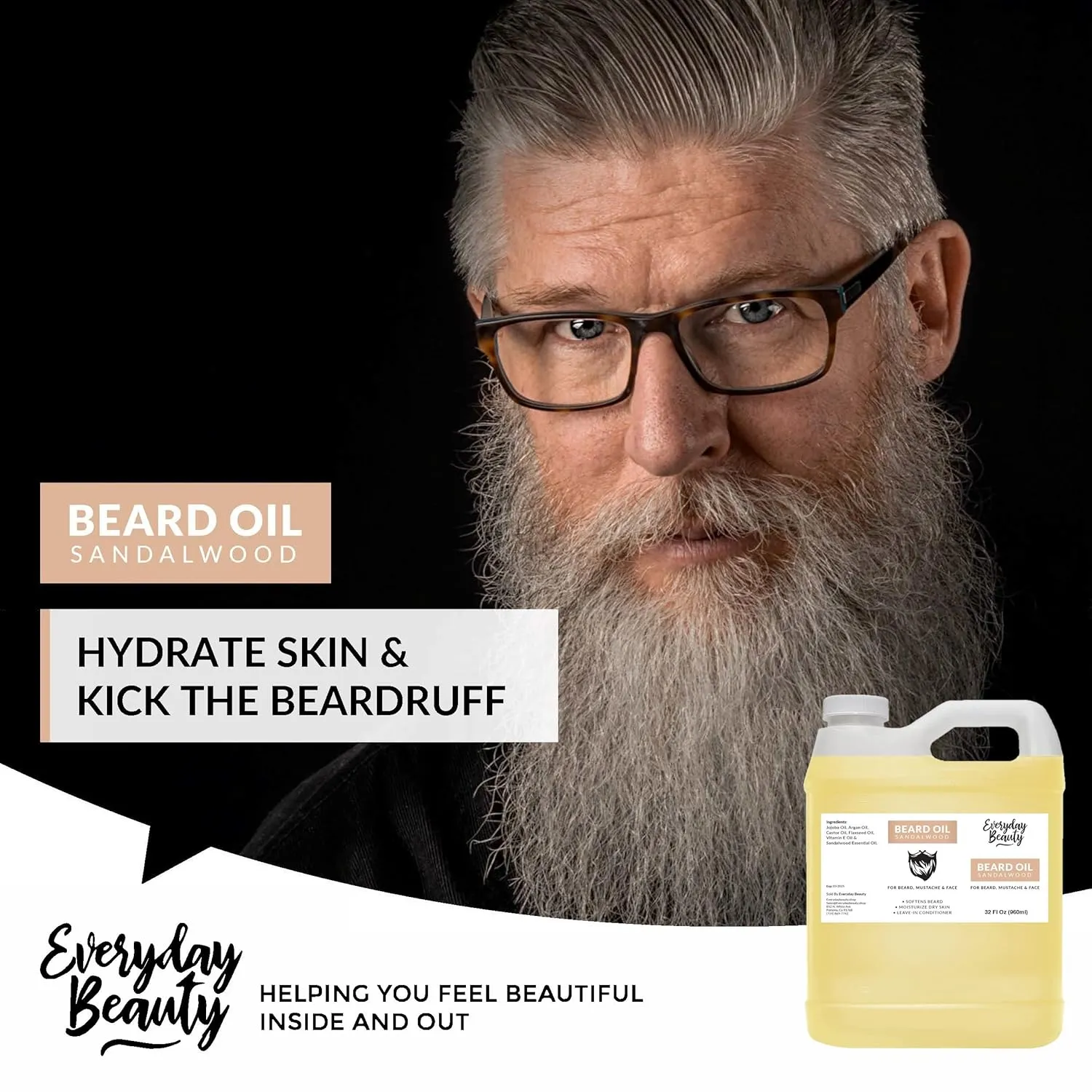 Sandalwood Beard Oil - 32 Fl Oz Bulk - 100% All Natural Leave-In Beard Conditioner - Moisturize & Hydrate Beard, Mustache and Face