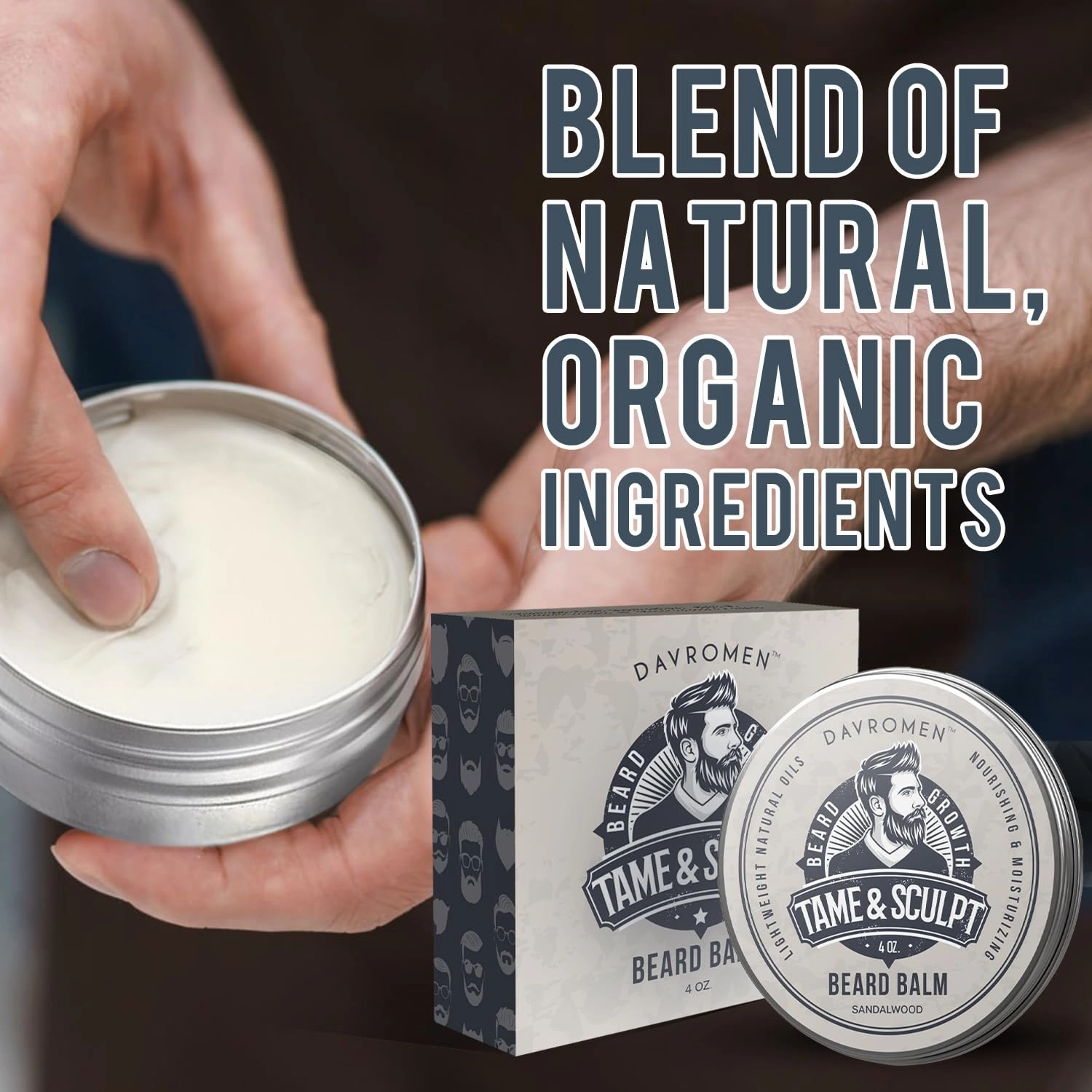 Sandalwood Beard Balm (4 Oz), Beard Balm for Men, with Olive Fruit Oil, Coconut Oil, Shea Butter - Styles, Strengthens & Softens Beards, Leave in Conditioner Wax for Men