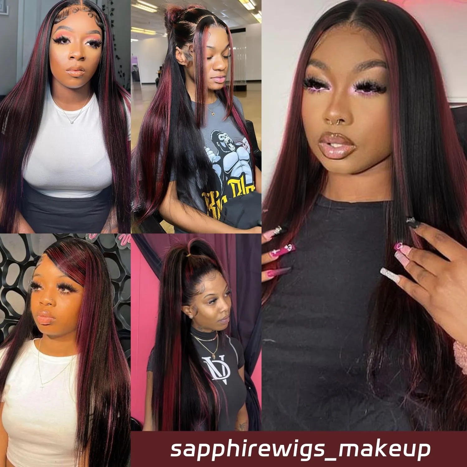 SAPPHIREWIGS 13x6 Highlight Red Straight Synthetic Lace Front Wig Skunk Stripe Red Mixed Black Pre Plucked Heat-Resistant Fiber Glueless Wigs for Black Women Daily Party Wear 26 Inches
