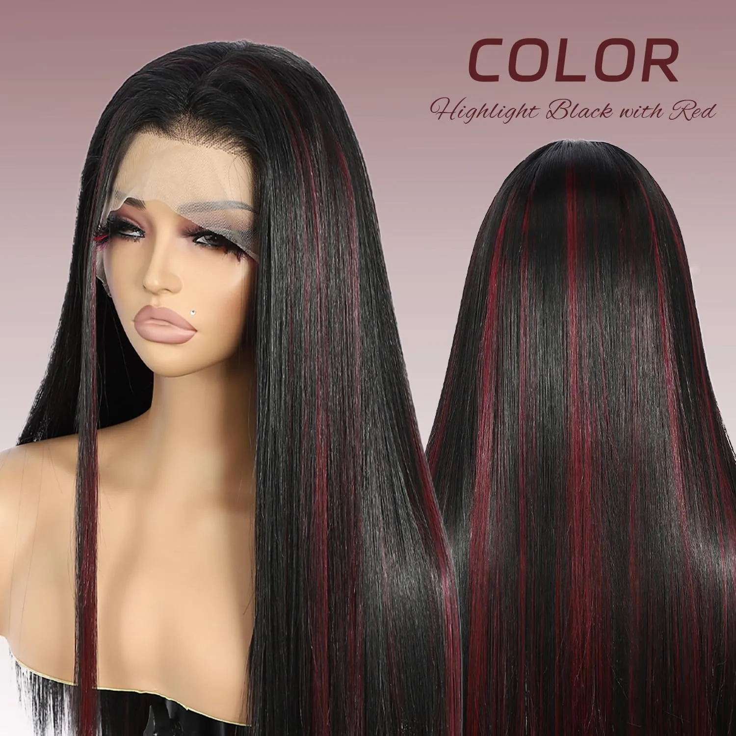 SAPPHIREWIGS 13x6 Highlight Red Straight Synthetic Lace Front Wig Skunk Stripe Red Mixed Black Pre Plucked Heat-Resistant Fiber Glueless Wigs for Black Women Daily Party Wear 26 Inches