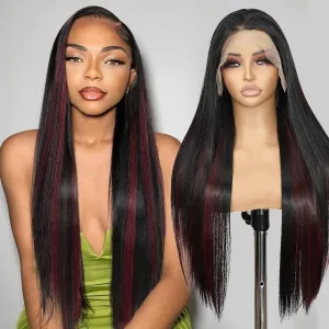 SAPPHIREWIGS 13x6 Highlight Red Straight Synthetic Lace Front Wig Skunk Stripe Red Mixed Black Pre Plucked Heat-Resistant Fiber Glueless Wigs for Black Women Daily Party Wear 26 Inches