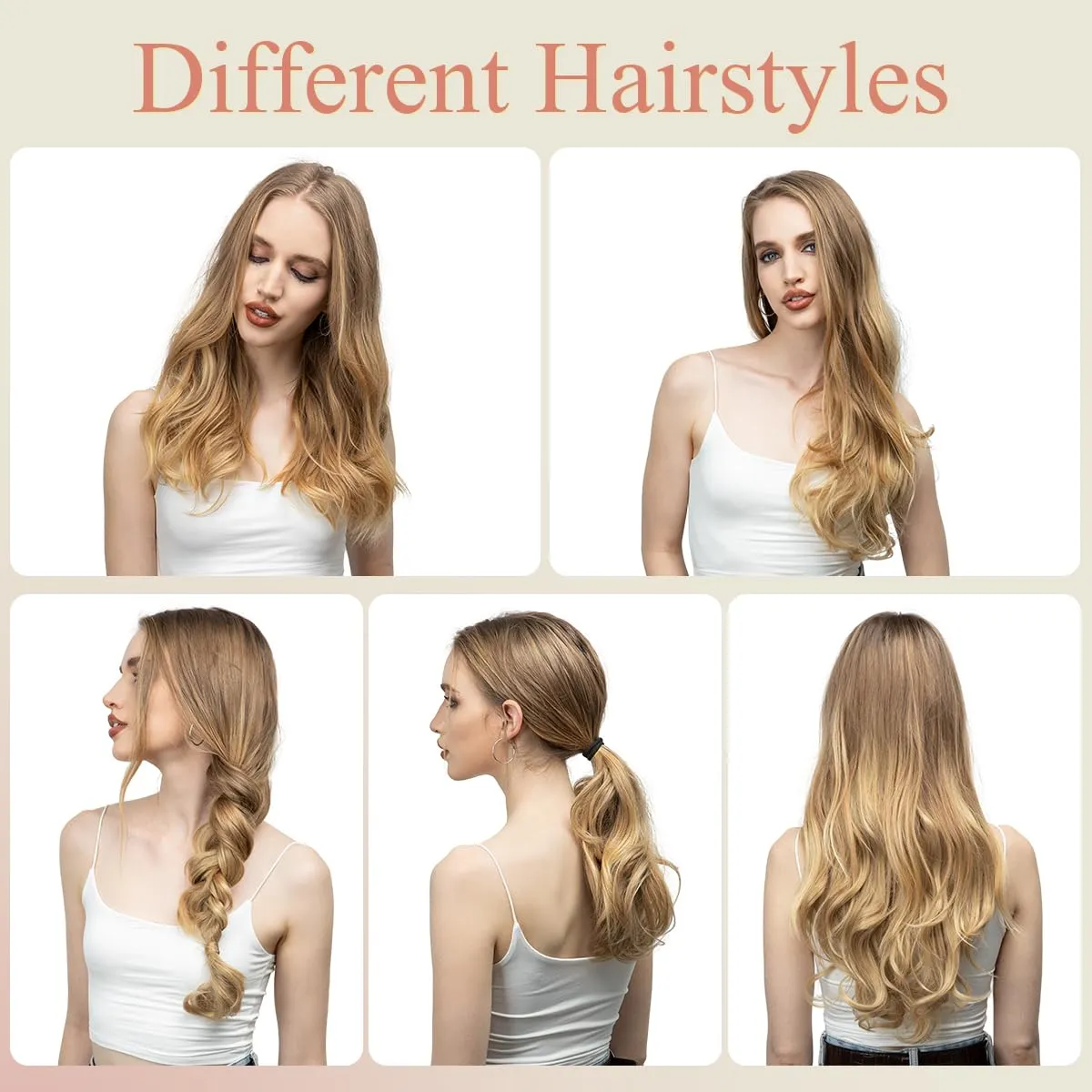 SARLA Clip in U Part Hair Extensions Synthetic Long Wavy Curly Thick Full Head Hairpiece for Women Beach Blonde 24 Inch
