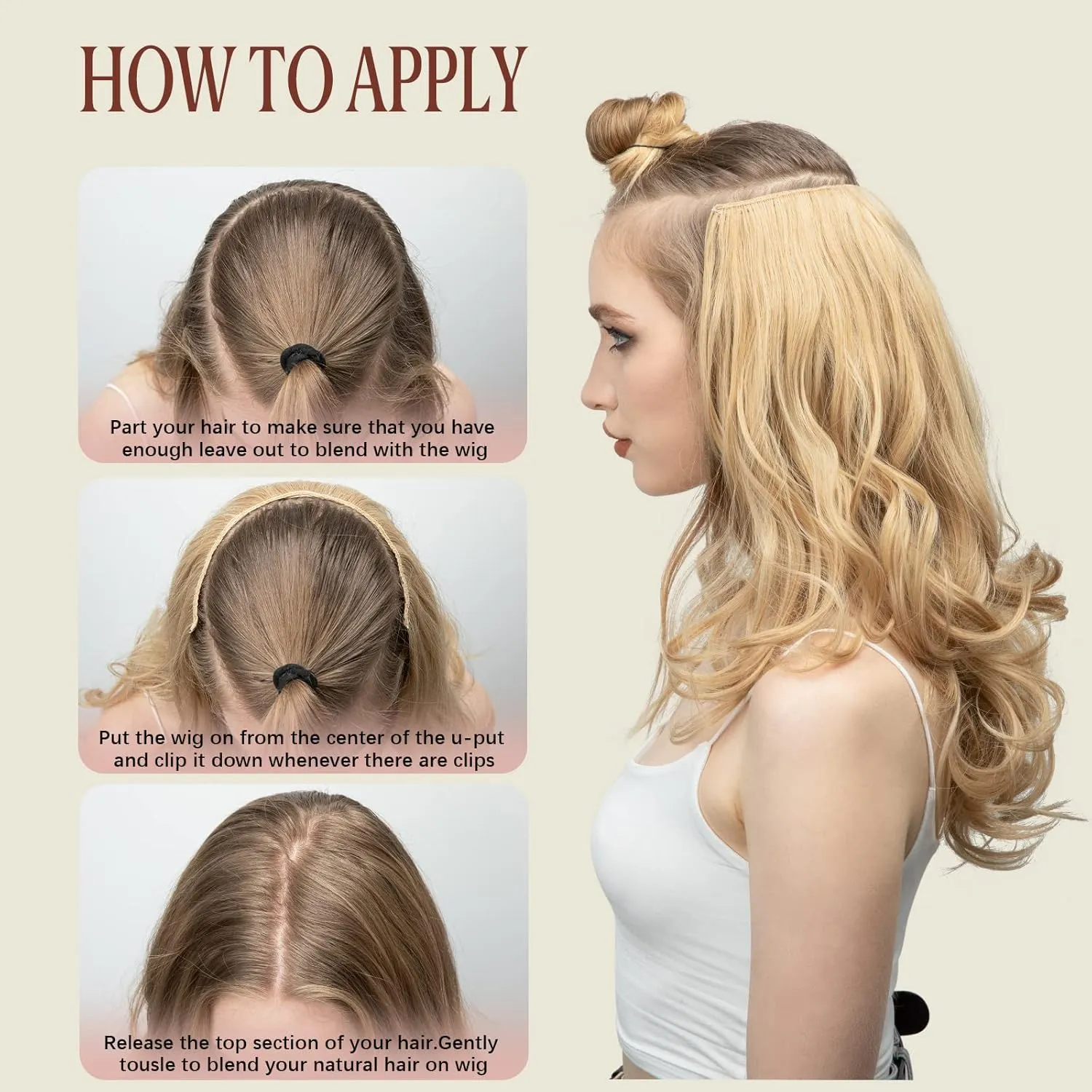 SARLA Clip in U Part Hair Extensions Synthetic Long Wavy Curly Thick Full Head Hairpiece for Women Beach Blonde 24 Inch