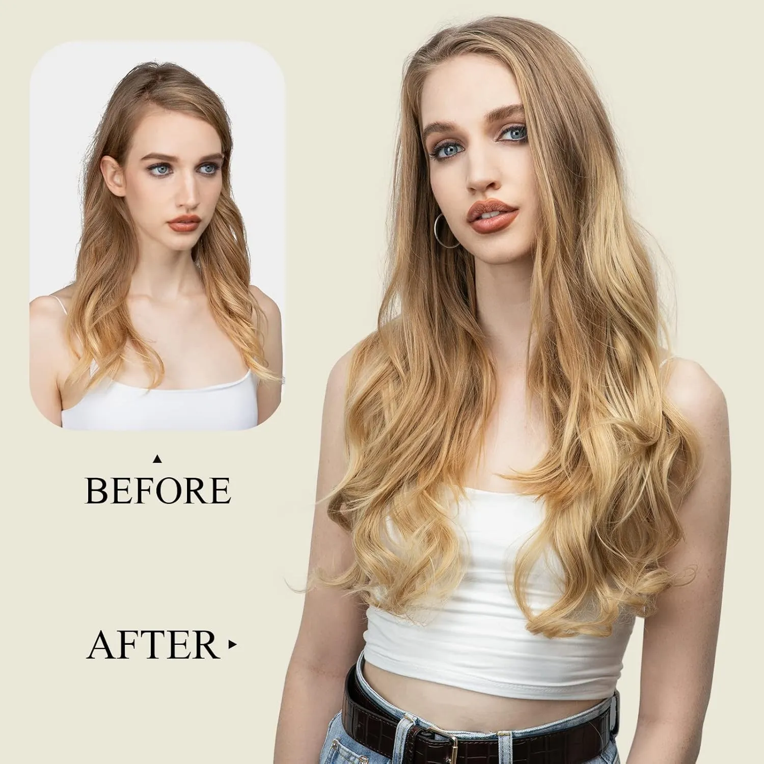 SARLA Clip in U Part Hair Extensions Synthetic Long Wavy Curly Thick Full Head Hairpiece for Women Beach Blonde 24 Inch