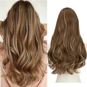 SARLA Clip in U Part Hair Extensions Synthetic Long Wavy Curly Thick Full Head Hairpiece for Women Brunette/Ash Blonde Highlights 24 Inch
