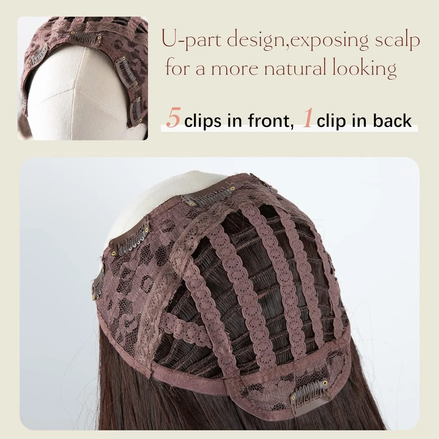 SARLA Clip in U Part Hair Extensions Synthetic Long Wavy Curly Thick Full Head Hairpiece for Women Brunette/Ash Blonde Highlights 24 Inch