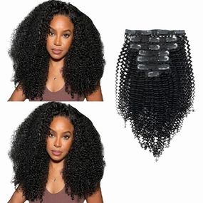 Sassina Brazilian Virgin Hair Kinky Curly Clip on Human Hair Extensions 3B 3C Natural Black Double Wefts Clip in Human Hair Extensions 7 Pcs 120Grams 20 Inch